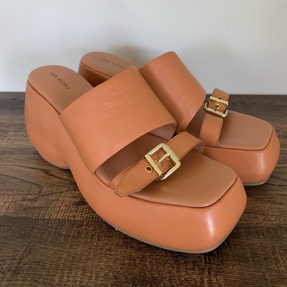 Free People Sz 9.5 Mila Wedge Sandals Vachetta Leather Brown Excellent - Picture 7 of 13